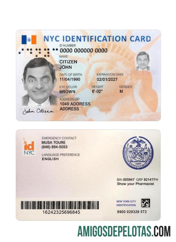 Exemplo de cartão de identificação dos EUA, Nova York, Nova York